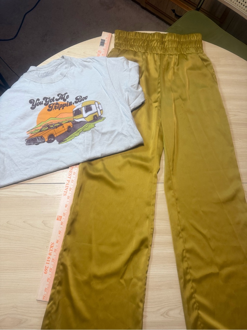 Retro Road Trip Outfit Bundle | Graphic Tee + Mustard Satin Pants